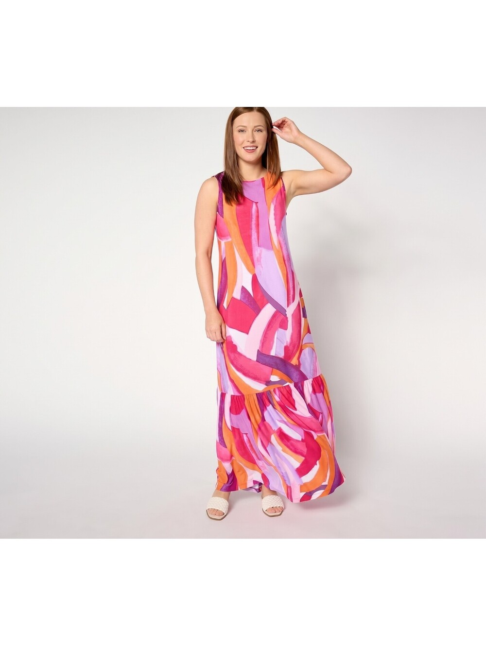 Susan Graver Printed Knit A-Line Back Tie Maxi Dress Berry/Orchid, Petite 3X